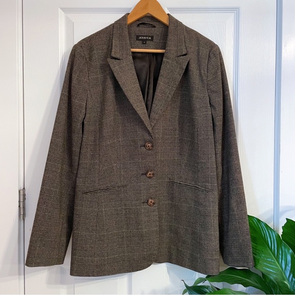 Jessica Plaid Tweed Blazer Jacket Black Brown Red Women’s 12 - Picture 1 of 15